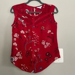 Red Floral & Lace Cap Sleeve Blouse